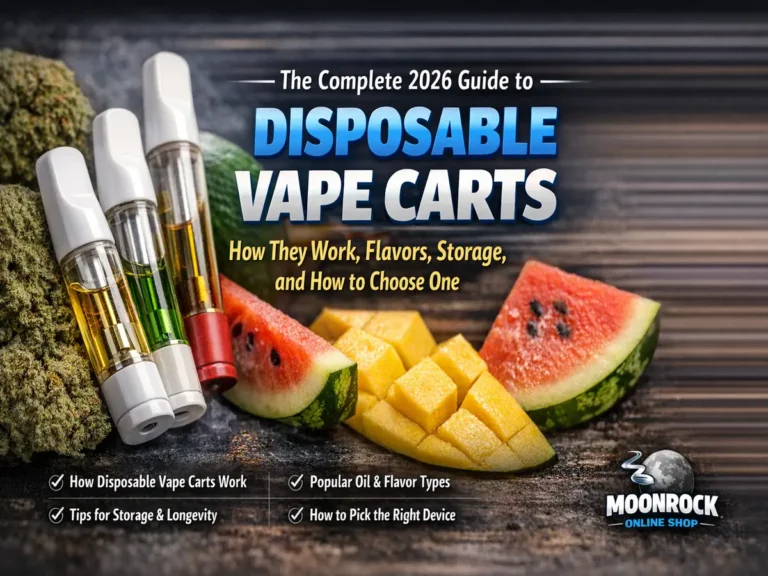 Moonrock Online Shop cover photo featuring disposable vape carts, fruit flavor profiles, and cannabis flower for the 2026 disposable vape carts guide