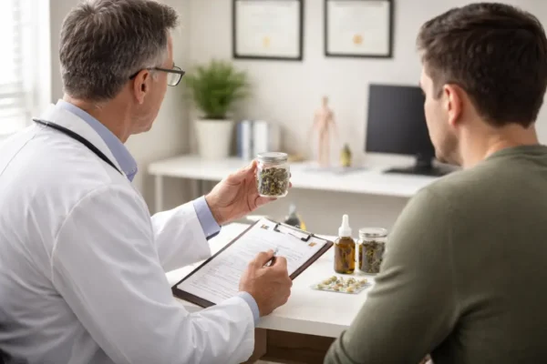 Doctor in a white coat discussing cannabis options with a patient in a professional medical office setting