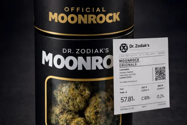 Dr. Zodiak’s original moonrock packaging with Moonrock Online Shop logo and lab certificate