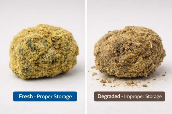 Fresh and degraded moonrock weed comparison showing effects of proper vs improper storage