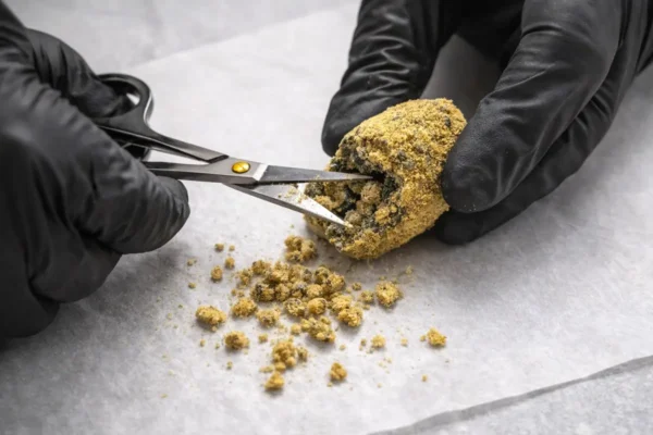 Hands using scissors to cut moonrock cannabis into small pieces on parchment paper