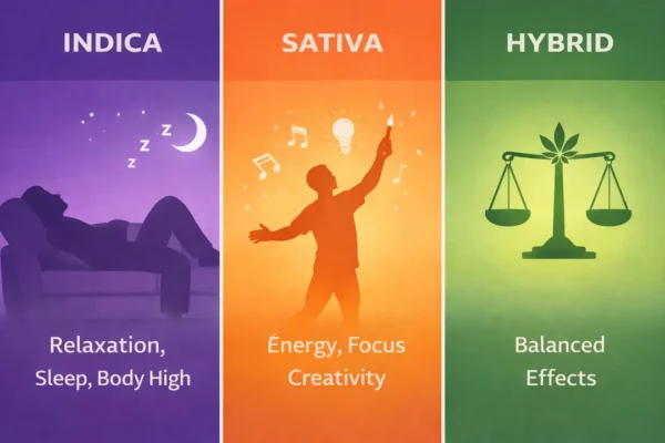 Three-panel illustration comparing indica, sativa, and hybrid cannabis strains, showing relaxation effects, energy and creativity, and balanced effects