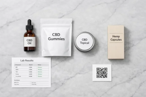 Flat lay of CBD oil, CBD gummies, CBD topical, and hemp capsules with a lab results sheet and QR code on gray marble.