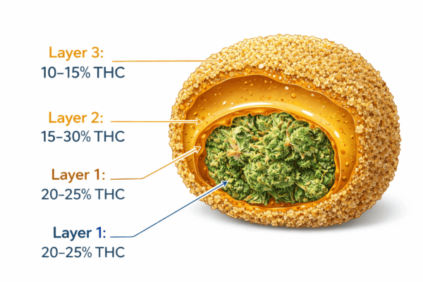 Medical infographic showing a cannabis moonrock cross-section with labeled flower, hash oil, and kief layers and THC ranges