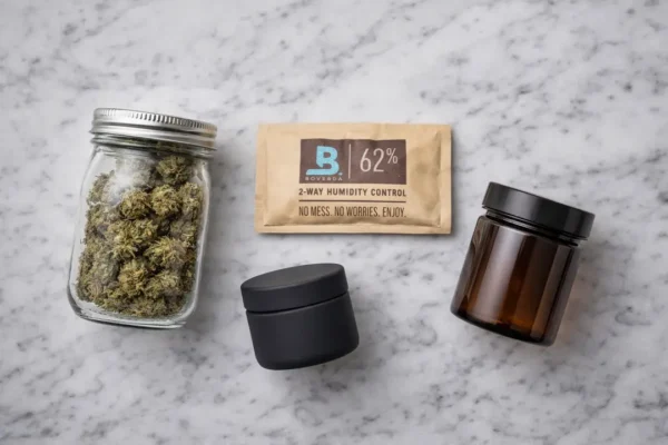 Moonrock cannabis storage solutions including airtight glass jar, silicone container, humidity pack, and UV-protected jar
