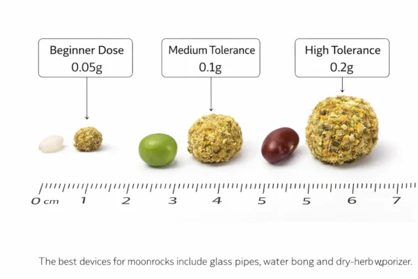 Moonrock dosage size comparison showing beginner, medium, and high tolerance amounts next to common objects for scale - moonrock weed delivery