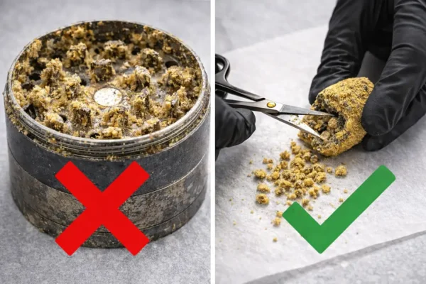 Split-screen comparison showing a clogged grinder ruined by moonrock versus scissors cutting moonrock on parchment paper