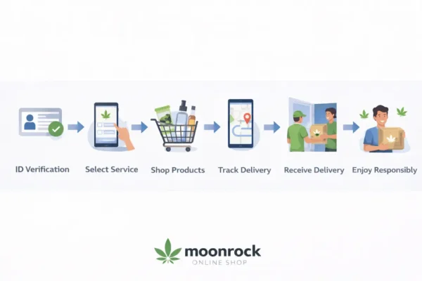 Six-step infographic showing the cannabis delivery process from ID verification to receiving an order and responsible use