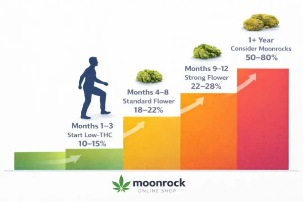 Timeline infographic showing cannabis tolerance progression over time from low THC flower to moonrocks, branded by Moonrock Online Shop