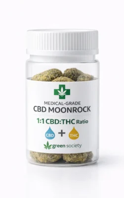 Medical-grade CBD moonrock in a white pharmaceutical-style container with visible product and balanced CBD to THC ratio branding by Moonrock Online Shop
