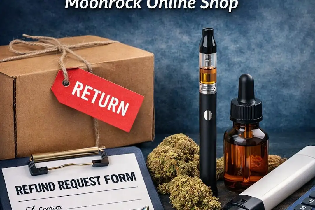 Moonrock Online Shop return and refund policy for hemp and vape products, showing a refund request form, vape devices, and a returned shipping box