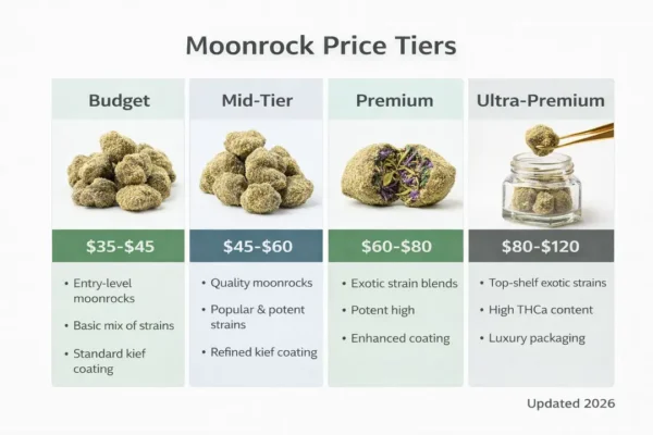 Four-column comparison chart showing moonrock price tiers from budget to ultra-premium with product images and price ranges