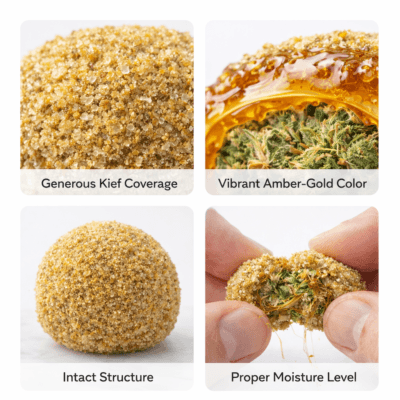 Four-panel grid showing quality indicators of a cannabis moonrock including kief coverage, color, structure, and moisture level