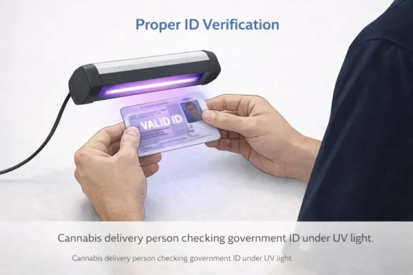 Professional moonrock weed delivery driver verifying customer ID during a Los Angeles delivery