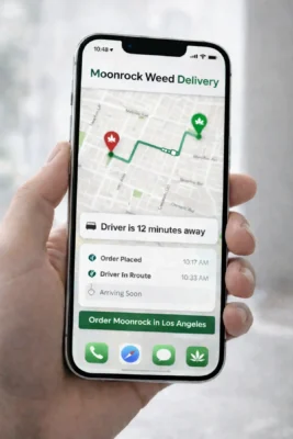 Real-time moonrock weed delivery tracking app showing driver en route for a Los Angeles order