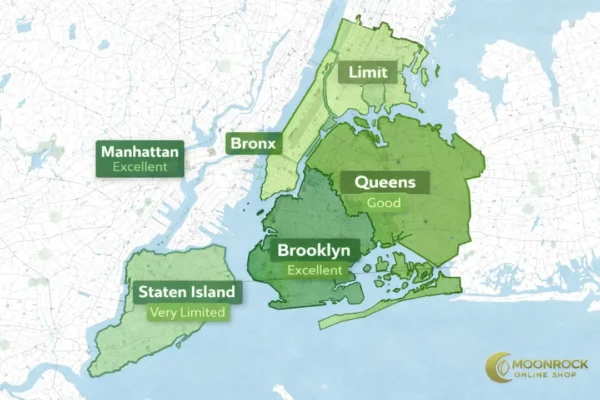 Map of New York City showing delivery coverage levels by borough including Manhattan, Brooklyn, Queens, Bronx, and Staten Island