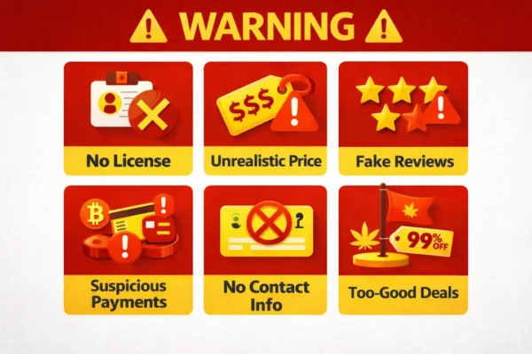 Warning infographic showing six red flags to avoid unsafe cannabis delivery services, including no license, unrealistic prices, fake reviews, suspicious payments, no contact information, and too-good-to-be-true deals