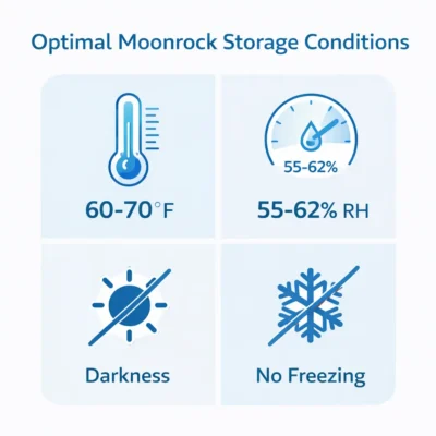 Infographic showing optimal moonrock storage conditions including temperature, humidity, darkness, and no freezing