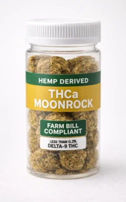 THCa moonrock in clear container labeled hemp derived and farm bill compliant with less than 0.3 percent delta-9 THC