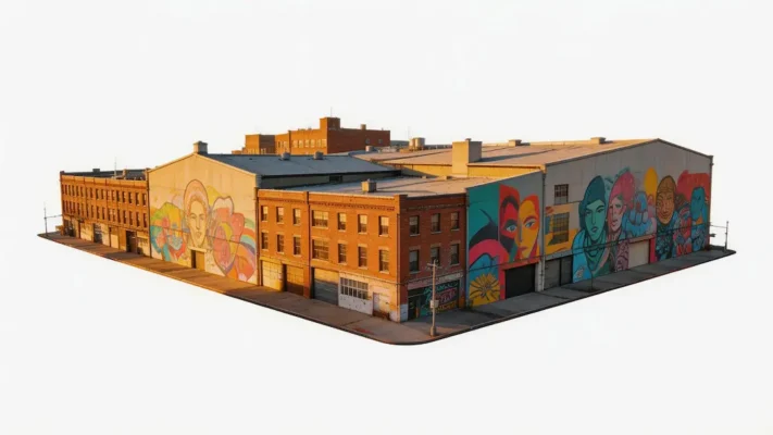 Wide-angle view of Bushwick, Brooklyn warehouses covered in vibrant murals, isolated on a white background, illuminated by golden hour sunlight, photorealistic and cinematic perspective- Bushwick Weed Delivery