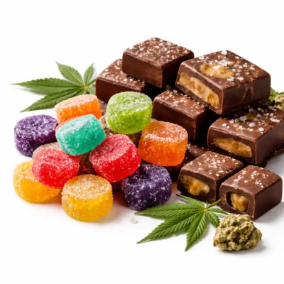 Colorful cannabis gummies and chocolate edibles arranged on a pure white background, photorealistic product photography, premium presentation, bright natural lighting, ideal for Bushwick Weed Delivery