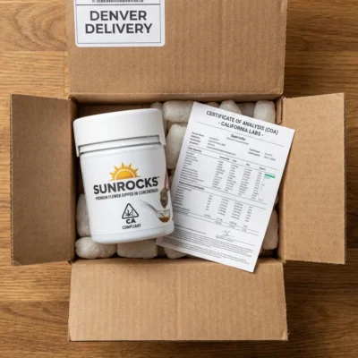 buy sunrocks Denver delivery packaging — discreet plain box with compliant sealed container and COA documentation from California