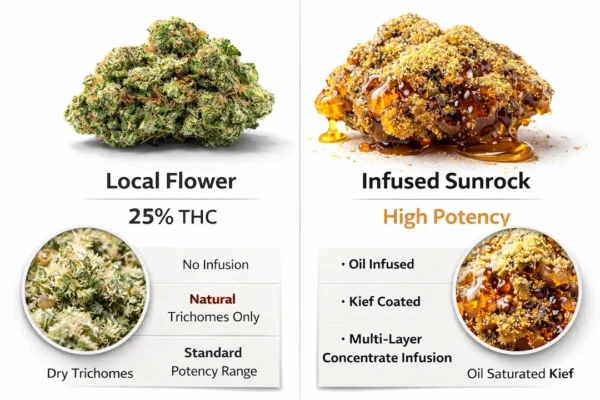 Side-by-side macro comparison of standard cannabis flower labeled 25% THC and infused sunrock coated in amber oil and kief, showing visual potency differences on white background.