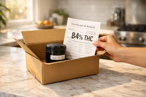 Sealed child-resistant cannabis container inside an open delivery box with a Certificate of Analysis showing 84% THC being verified in a modern California kitchen.