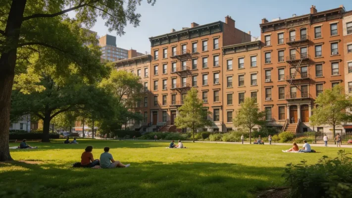 Green urban park in Brooklyn with brownstone apartment buildings, sunny afternoon, people relaxing on the grass, photorealistic and cinematic neighborhood scene