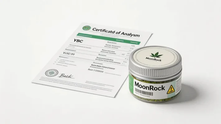 cannabis return policy COA — third-party lab certificate showing THC percentage batch number every MoonRock order verified