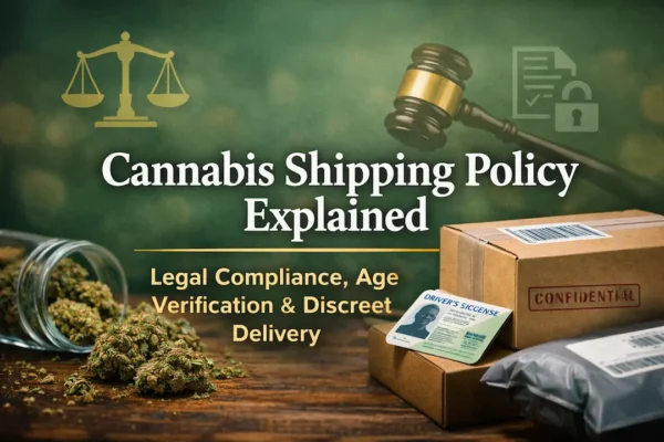 Cannabis shipping policy with age verification and discreet delivery
