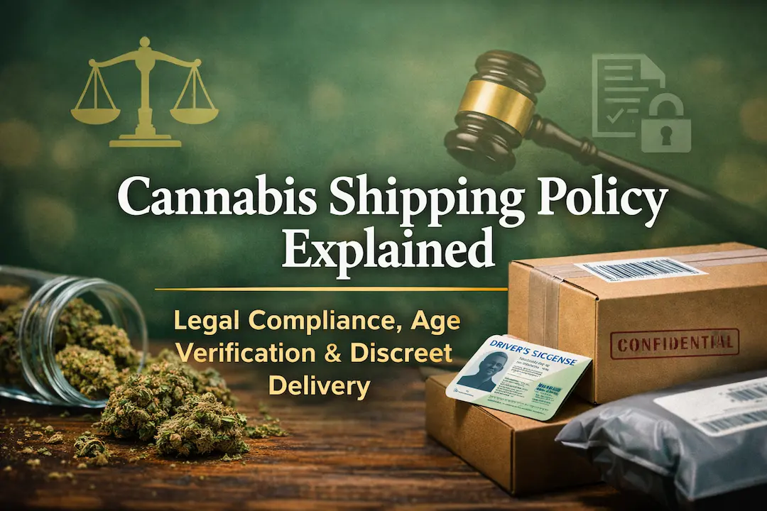Cannabis shipping policy with age verification and discreet delivery