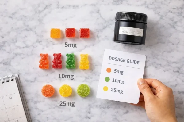 Cannabis gummies colorful flat lay.] Alt text: Edibles guide — colorful THC cannabis gummies dosage and safety California