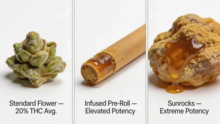 buy sunrocks Denver THC comparison — standard Colorado flower vs infused pre-roll vs California sunrocks potency levels