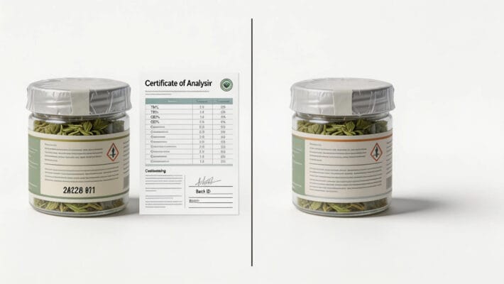 MoonRock COA-backed cannabis return policy comparison — sealed product with third-party lab certificate on the left versus standard delivery packaging without documentation on the right, illustrating quality verification before delivery.