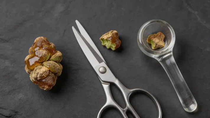 how to smoke sunrocks Chicago — scissors, glass pipe, and broken sunrock nug pieces showing the correct preparation method