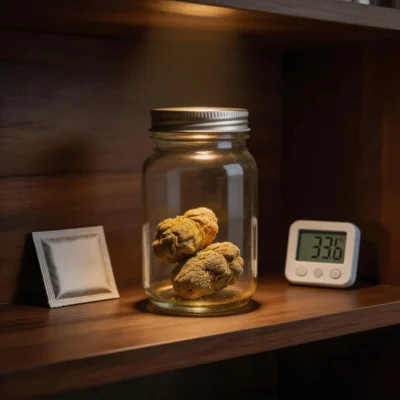 sunrocks delivery Chicago storage — airtight glass mason jar with humidity pack keeping premium infused flower fresh