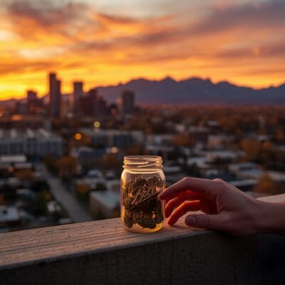 buy sunrocks Denver rooftop golden hour — infused cannabis nugs in glass jar with Denver skyline and Rocky Mountains