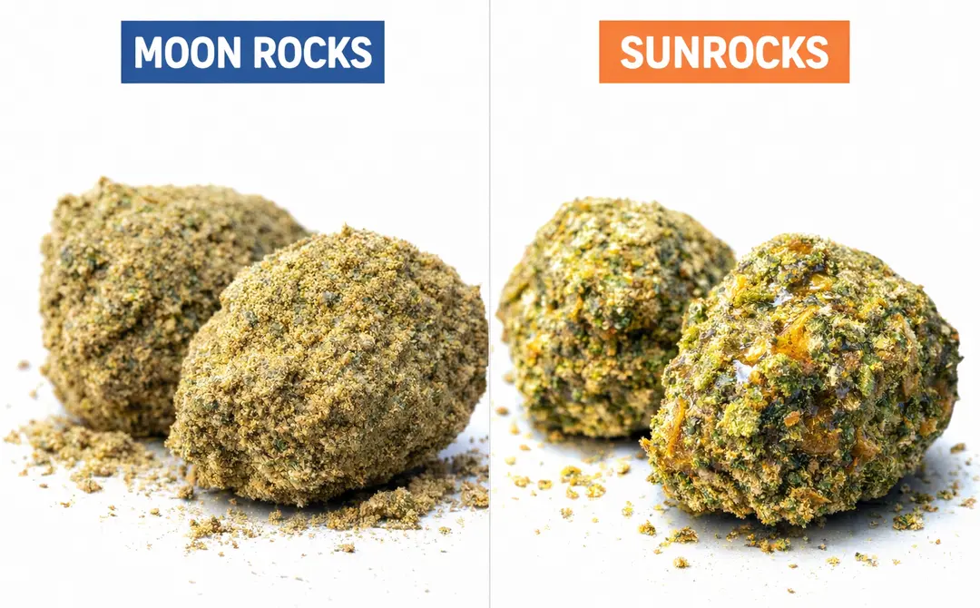 Moon Rocks vs Sunrocks cannabis comparison showing kief-coated Moon Rocks and glossy Sunrocks on a white background