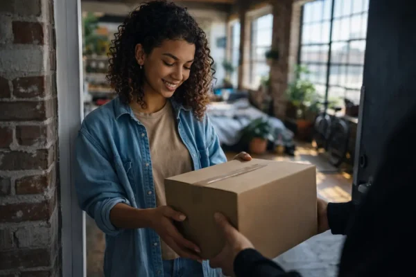 Young creative person receiving a plain delivery package at a Bushwick Brooklyn loft apartment, natural daylight, candid lifestyle photography, ideal for Bushwick Weed Delivery, photorealistic and urban neighborhood scene