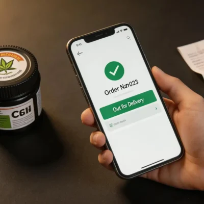 sunrocks delivery Chicago order tracking — phone showing real-time delivery confirmation with compliant cannabis package arriving