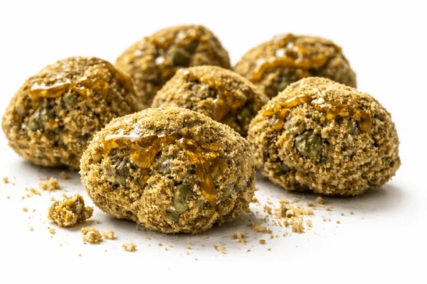 Premium cannabis sunrocks nuggets coated in golden kief with glistening hash oil on a pure white background, macro product photography for Bushwick marijuana delivery