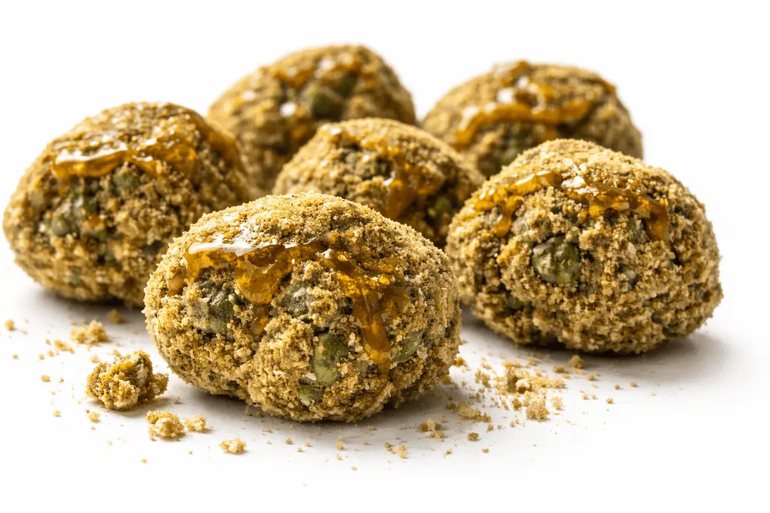 Premium cannabis sunrocks nuggets coated in golden kief with glistening hash oil on a pure white background, macro product photography for Bushwick marijuana delivery