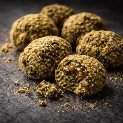 Extreme close-up of premium cannabis moonrocks coated in golden kief and hash oil on dark concrete surface, luxury product photography