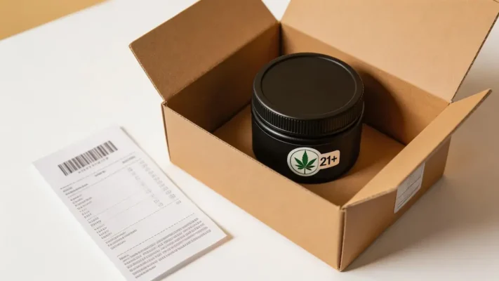 sunrocks delivery Chicago packaging — discreet plain shipping box with California-compliant sealed container and COA documentation