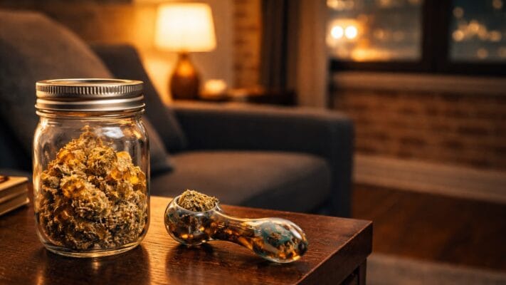 sunrocks delivery Chicago lifestyle — premium infused nug resting beside a clean glass pipe in a Chicago apartment