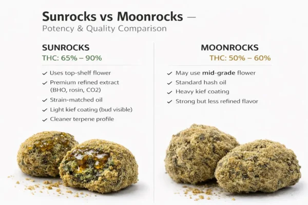 Sunrocks vs Moonrocks THC potency comparison infographic showing Sunrocks at 65% to 90% THC and Moonrocks at 50% to 60% THC with side-by-side product images on white background