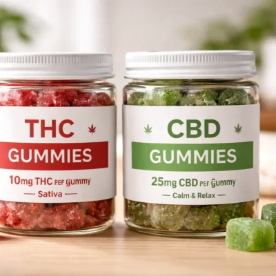 Two products side by side showing THC and CBD options.] Alt text: THC vs CBD edibles guide — difference between THC and CBD cannabis edibles