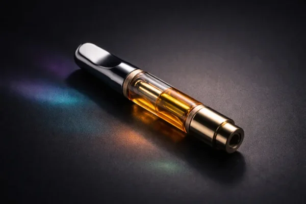 Sleek cannabis live resin vape cartridge on a dark matte surface with subtle colorful reflections, photorealistic product photography, premium aesthetic, ideal for Bushwick Weed Delivery
