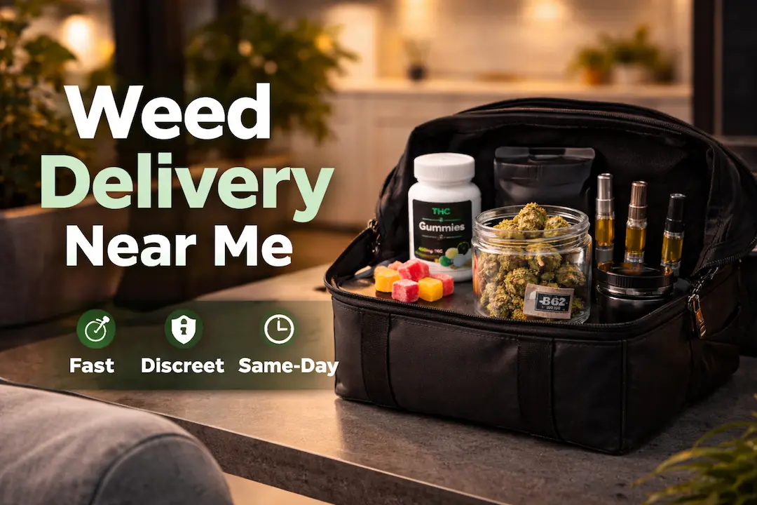 Weed delivery near me cover image showing discreet cannabis delivery bag with flower, gummies, and vape carts